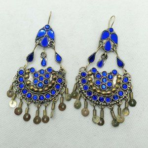 Glass Stones Kuchi Earrings With Dangling Tassels, Tribal Dangle Earrings